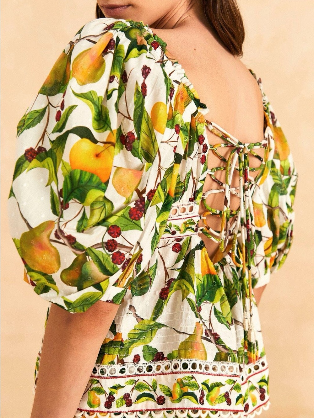 FARM Rio Corset Back Puff Sleeve Blouse Fruit Orchard Print 100% Cotton XL